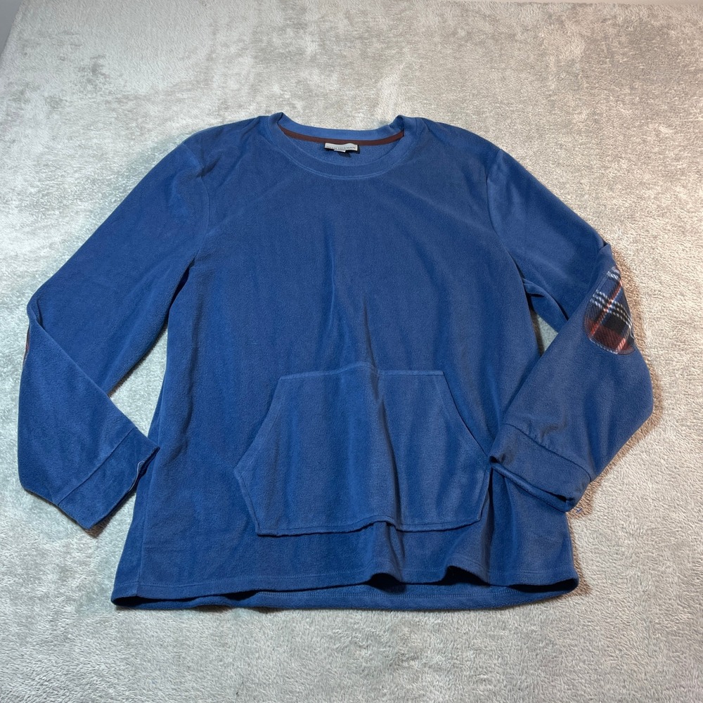 Stan Herman Sweatshirt Men's Large Blue Fleece Pullover Plaid Elbow Patch Pocket